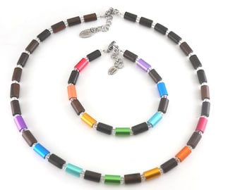 Contrast & Harmony - Ebony meets color, chakra colors, rainbow colors anodized necklace, necklace with /without bracelet
