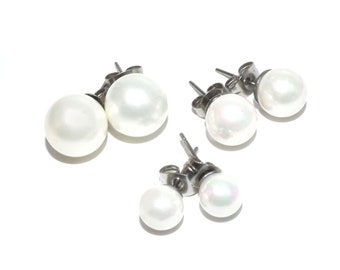 Shell Core Beads Stud Earrings, White, with Stainless Steel Plug, Shell / Silver Plug, Shell - 3 Sizes, 6-8-10 mm
