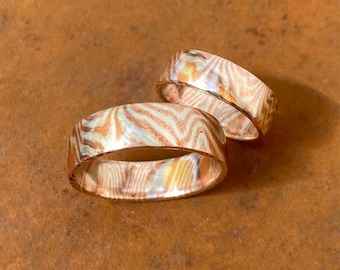 Mokume Gane, silver copper, wedding rings, pair price, unique pieces, individually made, handwriting with laser engraving, forged wedding rings