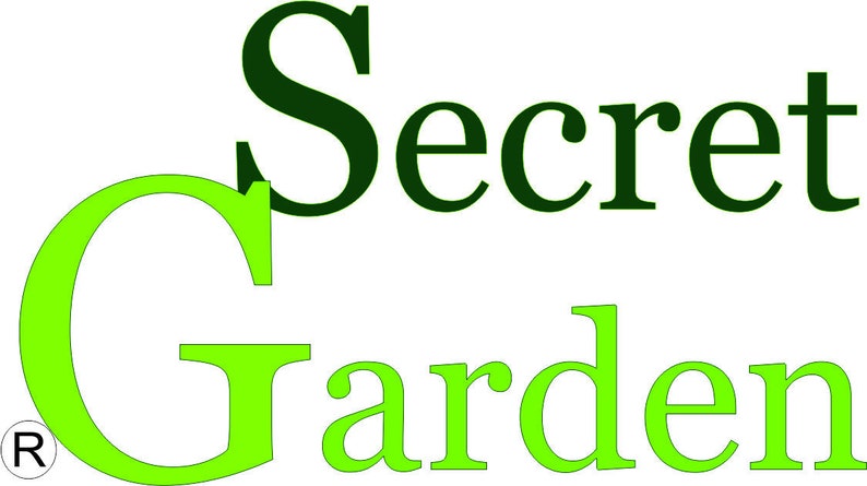 May include: The words "Secret Garden" in a stylized font. The word "Secret" is in a dark green color, while "Garden" is in a bright green. The letter "G" in "Garden" is large and stylized.