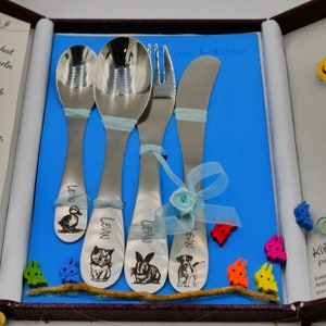 Kinderbestek, familiedieren, met gravure, doop, liefdevol getekende dieren, roestvrij staal, inclusief doopmotto, geschenkverpakking en kaart