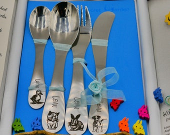 Children's cutlery, family animals, with engraving, baptism, lovingly drawn animals, stainless steel, including baptismal message, gift packaging and card