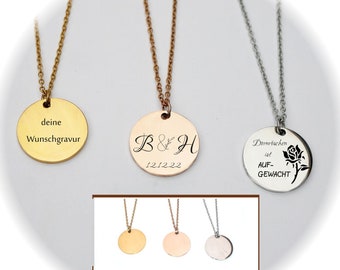 Round Flat Disc Pendant Coin Engraving Plate Personalized with Matching Chain Gold Rose Gold Silver Charm Engraving Plate
