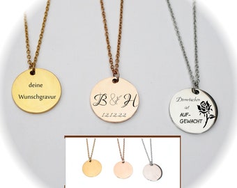 Pendant round flat disc, coin, engraved plate personalized with matching chain, gold rose gold, silver, charm, engraved plate