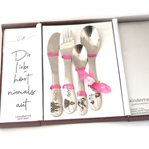 Kinderbesteck, Prinzessin +, mit Gravur, Edelstahl, Taufe, Motiv: Einhorn, Meerjungfrau, inkl. Taufspruch, Geschenkverpackung u. Karte