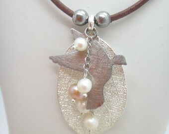 Necklace, pearl child, dove with saying and blood from silver-plated sheet, confirmation, faith peace message