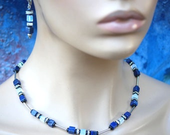 Lapis Lazuli and Opalite, mineral cube necklace, 6 mm, with stainless steel rods, rhinestones, necklace, natural stone, semi-precious stones, energy chain