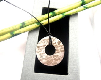 Damascus steel pendant with leather cord forged disc, Damascus steel pendant for men's jewelry, customizable