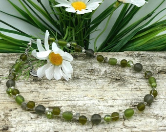 Necklace, green Czech and hand-twisted matte glass beads, summer jewelry, accessory with natural color material, stainless steel clasp