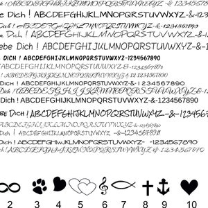 May include: A white background displays various fonts of the phrase "Ich Liebe Dich!" with the English alphabet and numbers. Below are ten black icons: a sun, infinity symbol, paw print, heart, two hearts, musical note, fish, cross, anchor, and a heart.