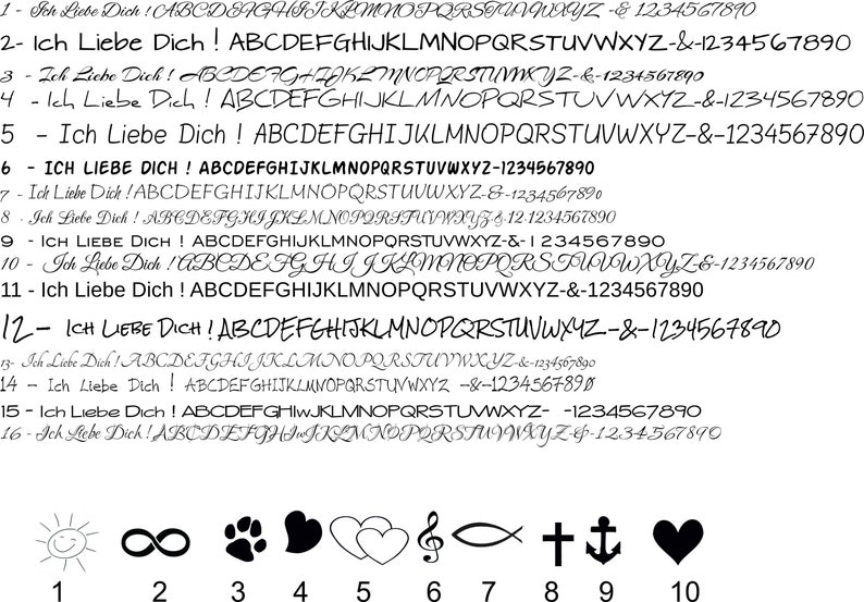 May include: A white background displays various fonts of the phrase "Ich Liebe Dich!" with the English alphabet and numbers. Below are ten black icons: a sun, infinity symbol, paw print, heart, two hearts, musical note, fish, cross, anchor, and a heart.