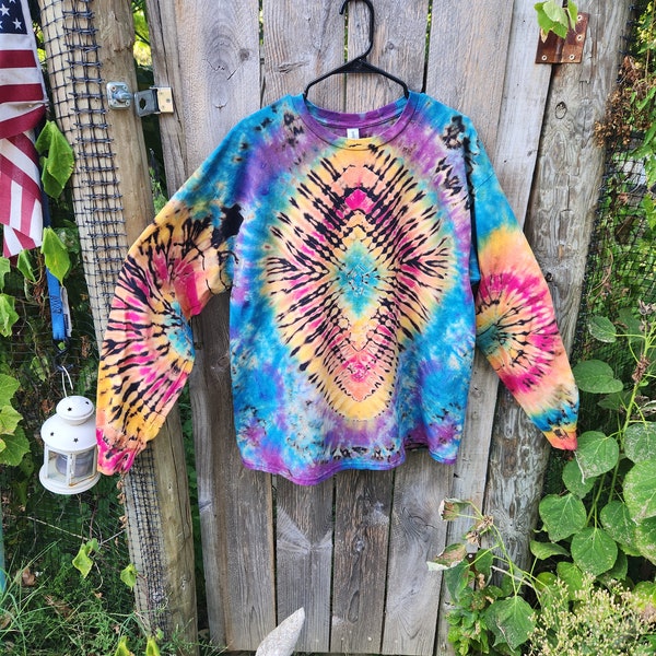 Tie Dye XL extra large long sleeve shirt Happy Little Fractals reverse tie dye Gildan Ultra Cotton shirt in Psychedelic rainbow colors