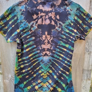 Tie Dye small T-shirt Happy Little Fractals reverse dye yellow green lavender and blue Gildan small cotton shirt