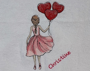 Handtuch m.Mädchen und Herzballons, Valentinstagsgeschenk, personalisiert