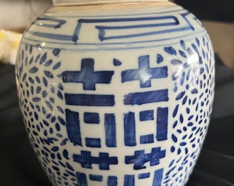 Vintage Chinese blauw-witte Double Happiness-gemberpot van 10 x 8 inch met deksel