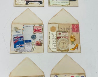 Junk Journal Set of 6 Vintage Envelopes Hand Crafted Collage Stamps Images 3.5”x3.5”