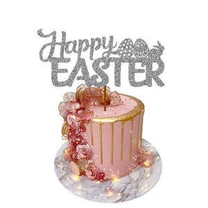 Happy Easter Cake Topper | Ostereier Cake Topper | Häschen-Kaninchen-Kuchen | Osterbild | Glitzer Karton Fotokarton | Gold Rosa Silber weiße Karten