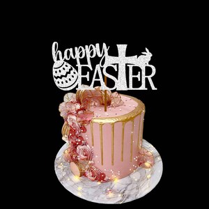 Decorazione per torta di Pasqua felice / Decorazioni per torta a forma di uovo di Pasqua / Torte a forma di coniglio / Foto di Pasqua / Cartoncino glitterato / Biglietti oro rosa argento bianco