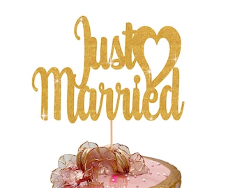 Gold Glitter Just Married Cake Topper: Double Sided Heart Design