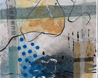 May include: A collage of four abstract paintings with different textures and colors. The paintings feature a mix of blue, green, brown, black, and white paint. The paintings are arranged in a grid pattern.