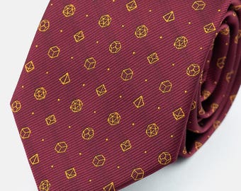 Cravatta con dadi poliedrici: regalo geek per Dungeon Master di D&D - Nuovi design bordeaux per il 2026