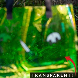 May include: A transparent green tote bag with black handles. The bag is filled with green foliage and has the word "TRANSPARENT!" in a white font. The bag is outdoors, with a blurred background of trees and plants.