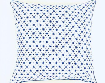 Hand Block Print Indigo Blue Piped Cushion Cover - Scattered Star Pattern