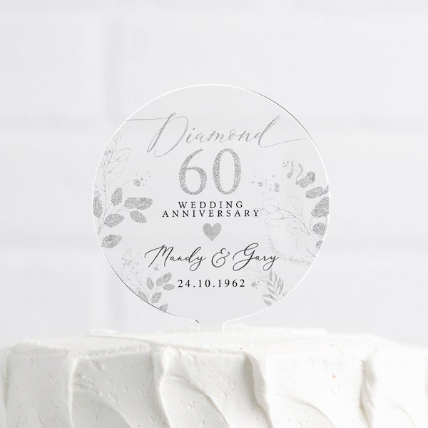 Topper per torta anniversario personalizzato, Topper per torta anniversario diamante, Topper per torta 60° anniversario, Regalo per il 60° anniversario, 60° anniversario