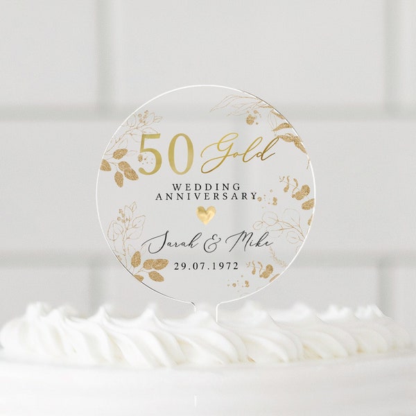 Topper per torta anniversario personalizzato, Topper per torta anniversario d'oro, Topper per torta 50° anniversario, Regalo per il 50° anniversario, 50° anniversario