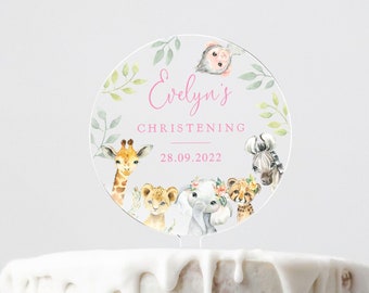 Christening Cake Topper, Baptism Cake Topper, Kids Animal Cake Topper, Safari Animals Cake Topper, Acrylic Cake Topper, Christened Cake
