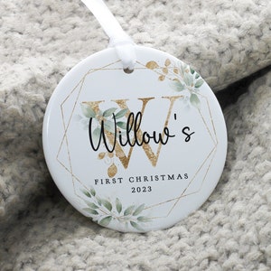 Personalised Baby's First Christmas Decoration, Babys 1st Christmas Ornament, Gold Floral Initial Keepsake, First Christmas Bauble