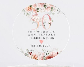 Personalised Anniversary Cake Topper, Pink Floral Anniversary Cake Topper, 20th 25th 30th 40th 50th 60th Cake Topper, Cake Decorations