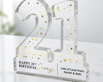 Personalised 21st Birthday Gift Plaque, Freestanding 21 Block, Moon and Stars Print