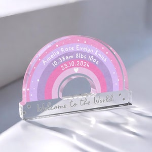 Personalised New Baby Girl Rainbow Plaque, New Baby Gifts, Welcome To The World Keepsake, Baby Name Announcement Gift, New Parents Gift