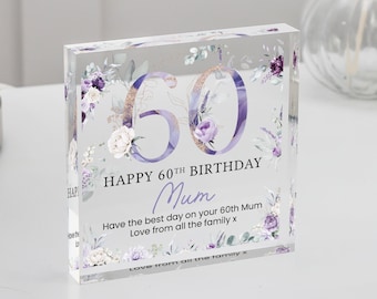 Personalised Happy 60th Birthday Gift Plaque, Purple Floral Birthday Gift For Her, 60th Birthday Gifts, Pink 60th Gift, Gifts for Her
