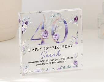 Personalised Happy 40th Birthday Gift Plaque, Purple Floral Birthday Gift For Her, 40th Birthday Gifts, 40th Gift, Gifts for Her