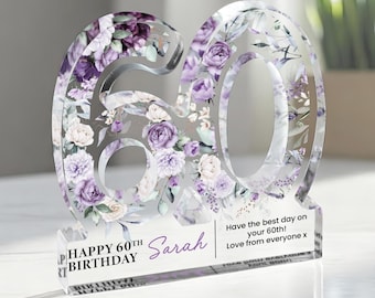 Personalised 60th Birthday Gift Plaque, Happy 60th Birthday Gift For Her, 60th Birthday Gifts, Floral 60th Gift, Gift for Her
