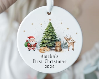 Personalised Baby's First Christmas Decoration, Babys 1st Christmas Woodland Decoration, New Baby Christmas Gift, First Christmas Bauble