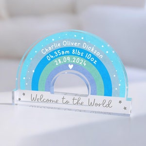 Personalised New Baby Boy Rainbow Plaque, New Baby Gifts, Welcome To The World Keepsake, Baby Name Announcement Gift, New Parents Gift