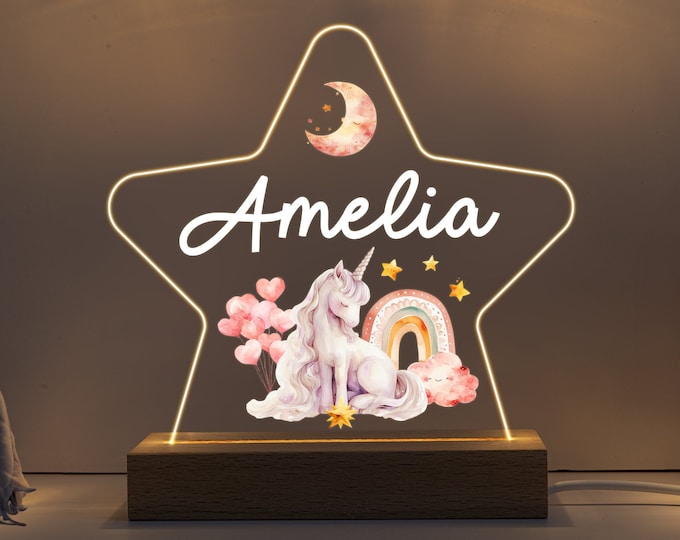 Personalised LED Unicorn Star Lamp, Kids Night Light Gift, Unicorn Rainbow Light, Birthday Gifts for Kids, Baby Girl Nursery Table Light