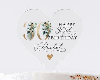Personalised Happy Birthday Cake Topper, Heart Cake Topper, 18th 21st 30th 40th 50th Birthday, Gold Themed, Clear Acrylic