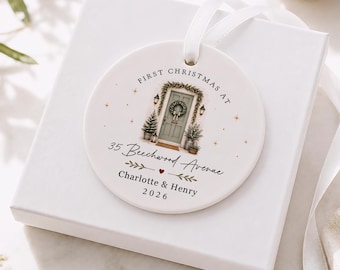 Personalised First Christmas in New Home Decoration, Road Name & Door Colour First Home Family Bauble Ornament Keepsake