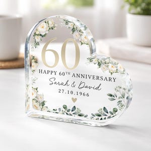 Personalized 60th Wedding Anniversary Gift Plaque, Polished Clear Acrylic Heart Special Date Keepsake