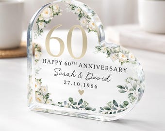 Personalized 60th Wedding Anniversary Gift Plaque, Polished Clear Acrylic Heart Special Date Keepsake
