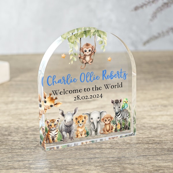 Personalised New Baby Plaque, Baby Gift Plaque, Grandson Granddaughter Gifts, New Parents Gift, Safari Animals Plaque, Congratulations Baby