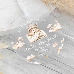 Personalised New Baby Gift, New Arrival Plaque, Teddy Bear Themed Gift, Gift for New Baby, Frosted Plaque, Congrats Gift, New Parents