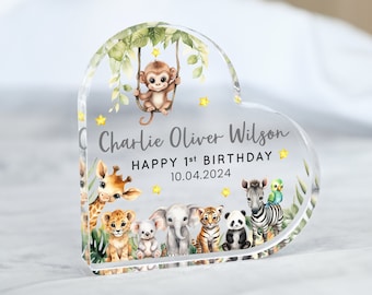 Personalised First Birthday Gift, 1st Birthday Gift, Safari Animals Gift, Birthday Heart Plaque Keepsake, Animal Themed Gifts