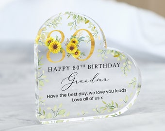 Personalised Happy 80th Birthday Gift Plaque, Birthday Gift For Nan, Heart Plaque, 80th Birthday Gifts, Floral 80th Gift, Gifts for Her Him