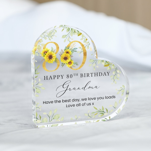 Personalisierte glückliche 80. Geburtstagsgeschenk Plakette, Geburtstagsgeschenk für Nan, Herz-Plakette, 80er Geburtstagsgeschenke, Blumen 80er Geschenk, Geschenke für sie ihn