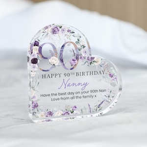 Plaque cadeau personnalisée joyeux 90e anniversaire, cadeau d'anniversaire pour grand-mère maman, cadeaux 90e anniversaire, cadeau 90e floral violet, cadeaux pour elle